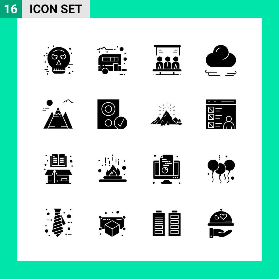 pacote de 16 símbolos de glifos de conjunto de ícones de estilo sólido para impressão de sinais criativos isolados no fundo branco conjunto de 16 ícones de fundo criativo do vetor de ícones pretos