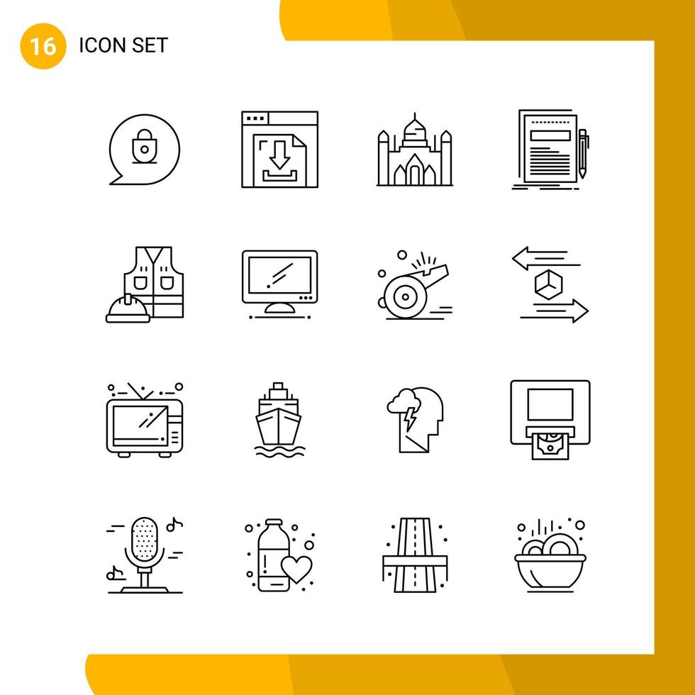 16 símbolos de contorno do pacote de ícones de estilo de linha de conjunto de ícones isolados em fundo branco para design de site responsivo vetor