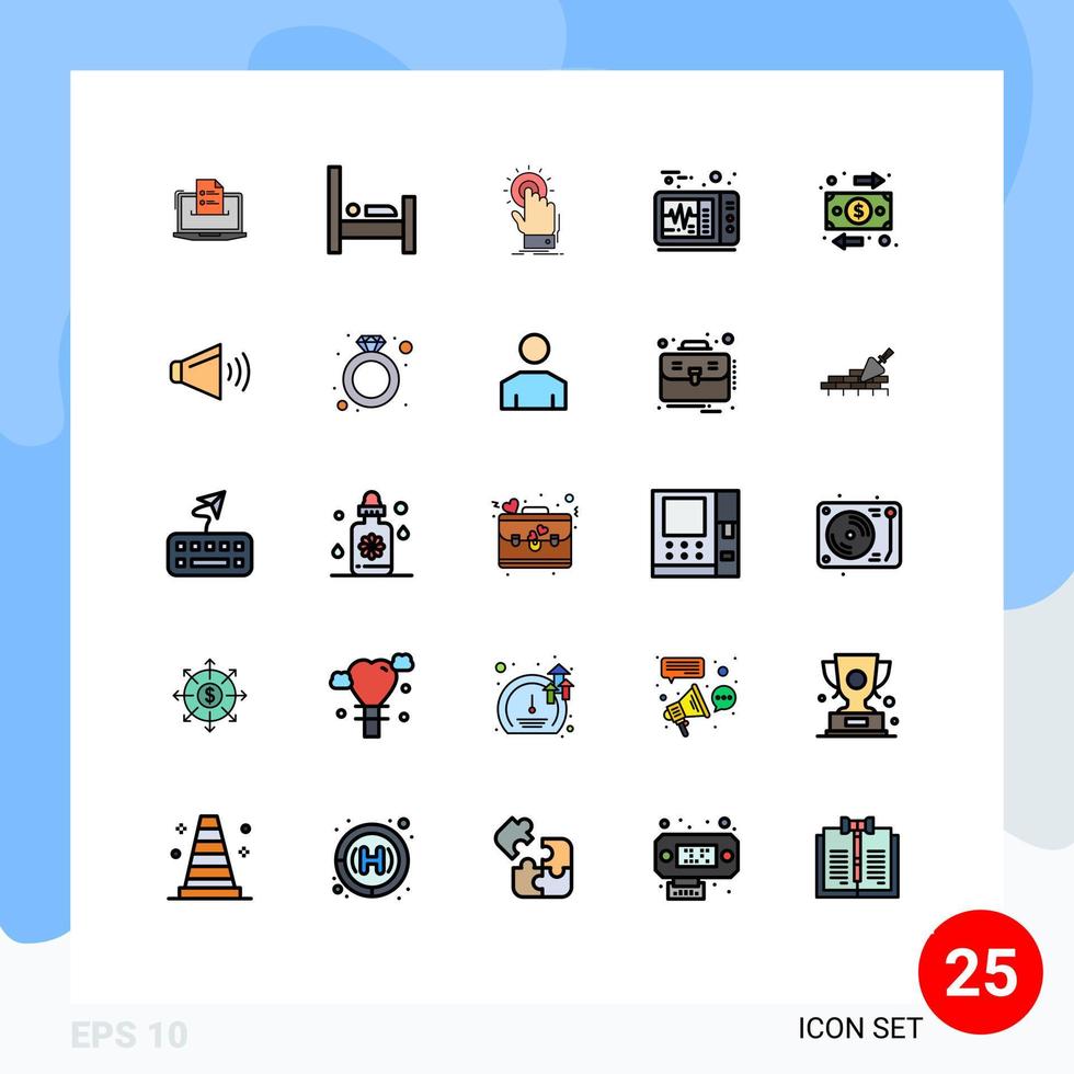 Pacote de cores planas de linha cheia de 25 interfaces de usuário de sinais e símbolos modernos de batimento cardíaco start hotel em elementos de design de vetores editáveis