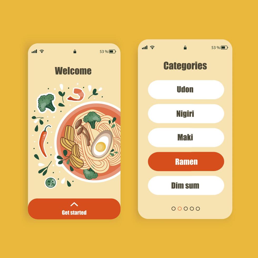 conjunto de telas ui, ux para aplicativo móvel sobre entrega de comida. painel de comida asiática. loja online chinesa, coreana ou japonesa. modelo da interface. vetor