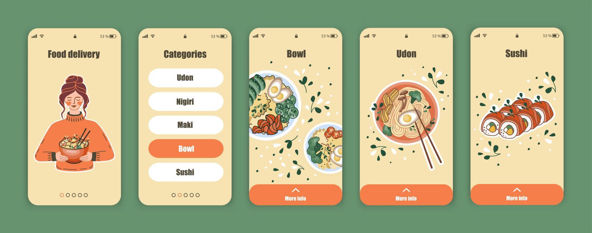 conjunto de telas ui, ux para aplicativo móvel sobre entrega de comida. painel de comida asiática. loja online chinesa, coreana ou japonesa. modelo da interface. vetor