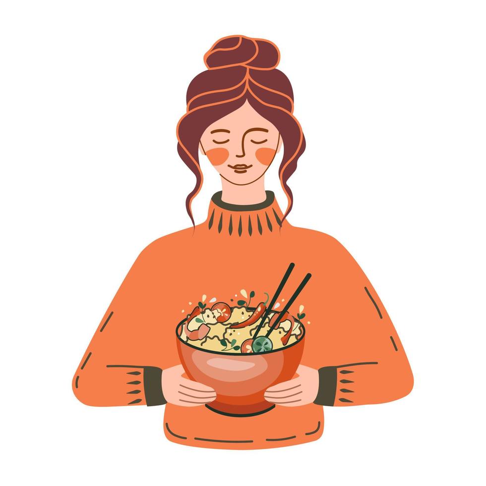 menina com tigela de arroz. sopa de udon ou ramen, macarrão, sushi e tigela. adequado para banners de restaurantes, logotipos e anúncios de fast food. frutos do mar. comida asiática. vetor