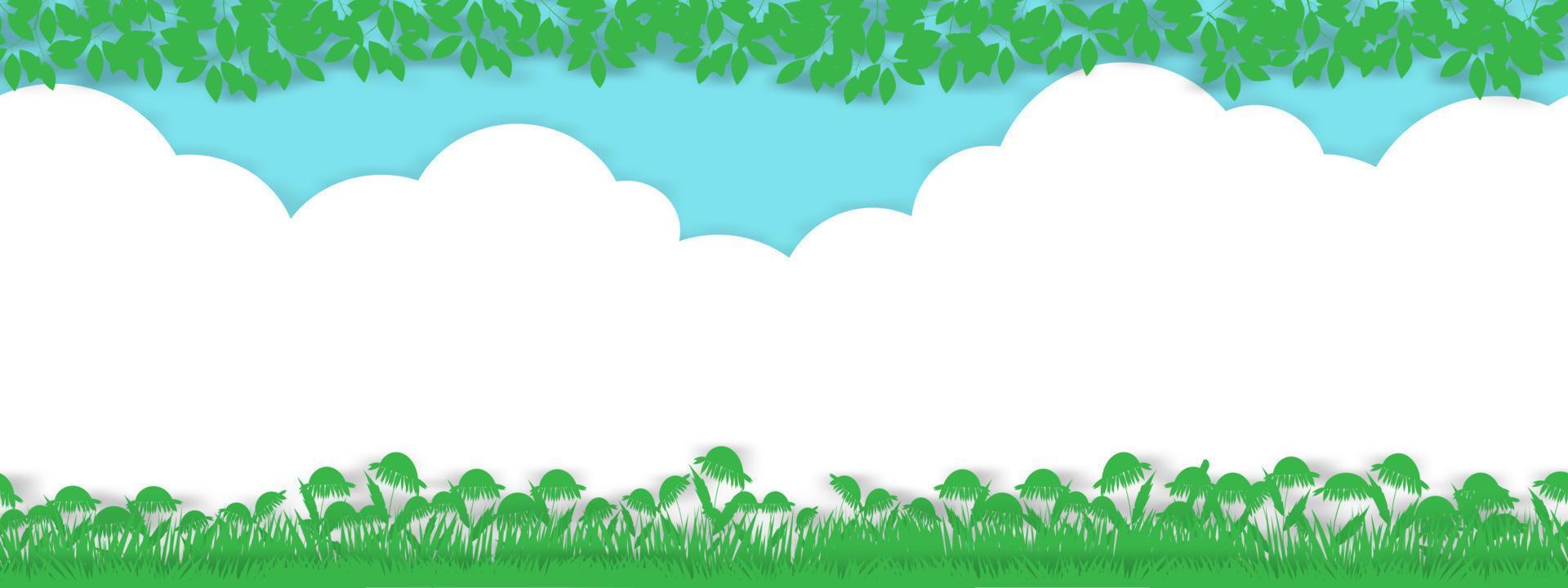 fundo de primavera com paisagem de campo de grama rural, borda de folhas verdes no fundo do céu azul, desenho animado vetorial para páscoa com espaço de cópia, banner de horizonte de pano de fundo para olá primavera, verão vetor