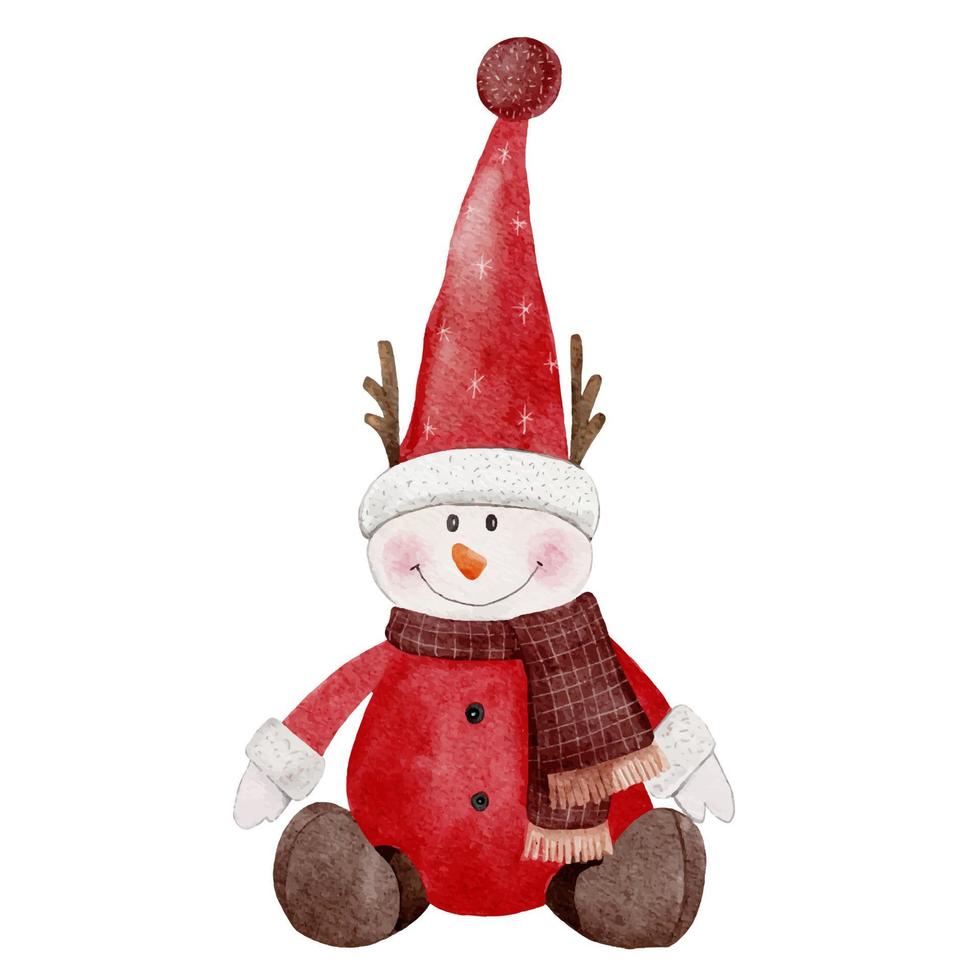 vetor aquarela bonitinho boneco de neve alegre usando chapéu de Papai Noel vermelho isolado no fundo branco. personagem de elementos de ilustração para feliz natal ou saudação de ano novo crad