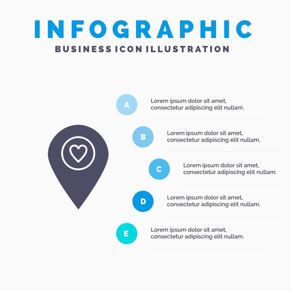 coração mapa de localização ponteiro ícone sólido infográficos 5 passos fundo de apresentação vetor