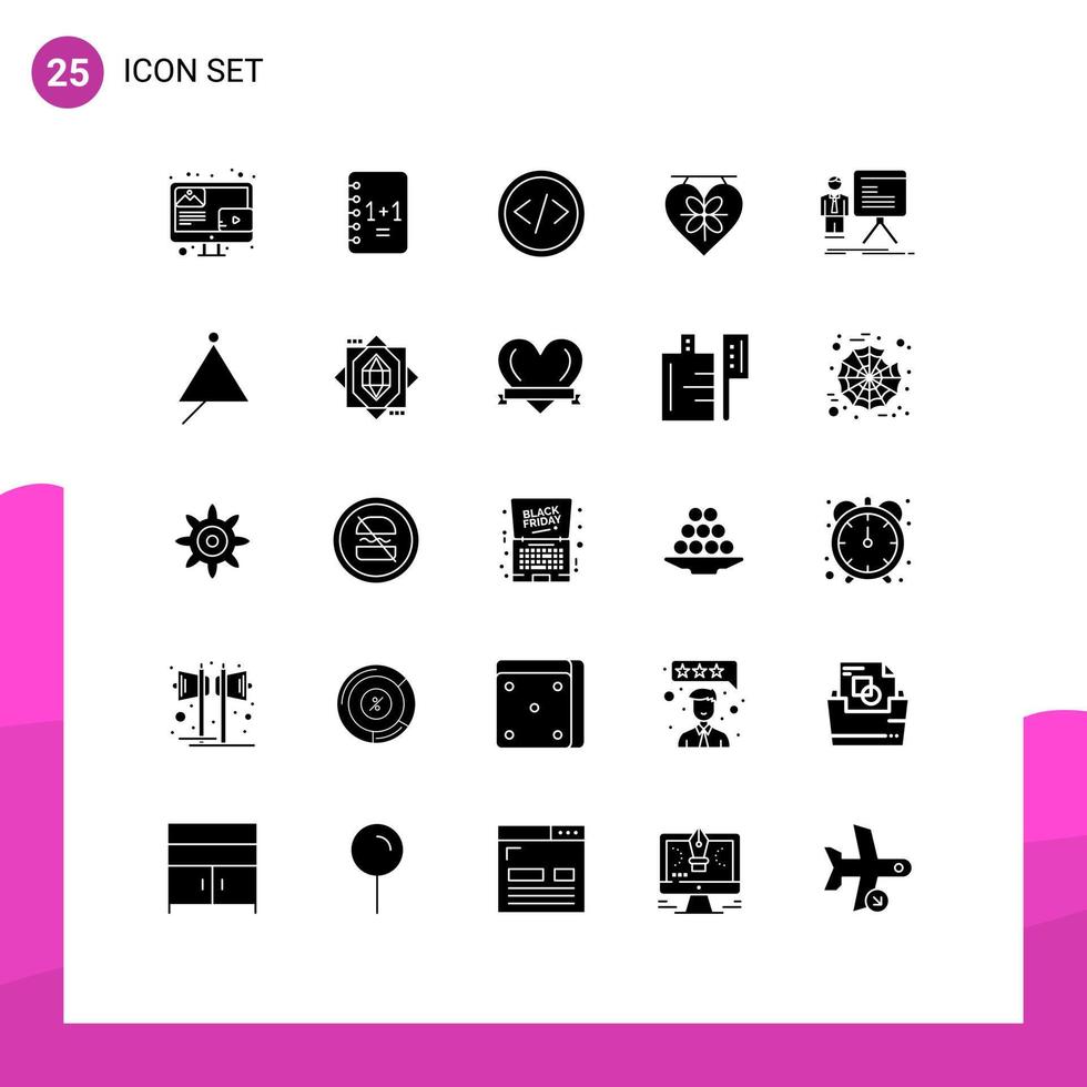 conjunto de 25 pacotes comerciais de glifos sólidos para apresentação de código de coração amor elementos de design de vetores editáveis na web