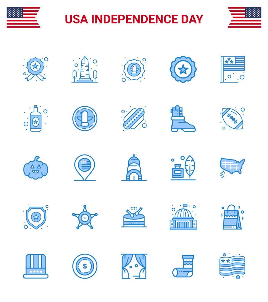 dia da independência dos eua conjunto azul de 25 pictogramas dos eua dos eua bebida águia de vidro de washington editável dia dos eua elementos de design vetorial vetor