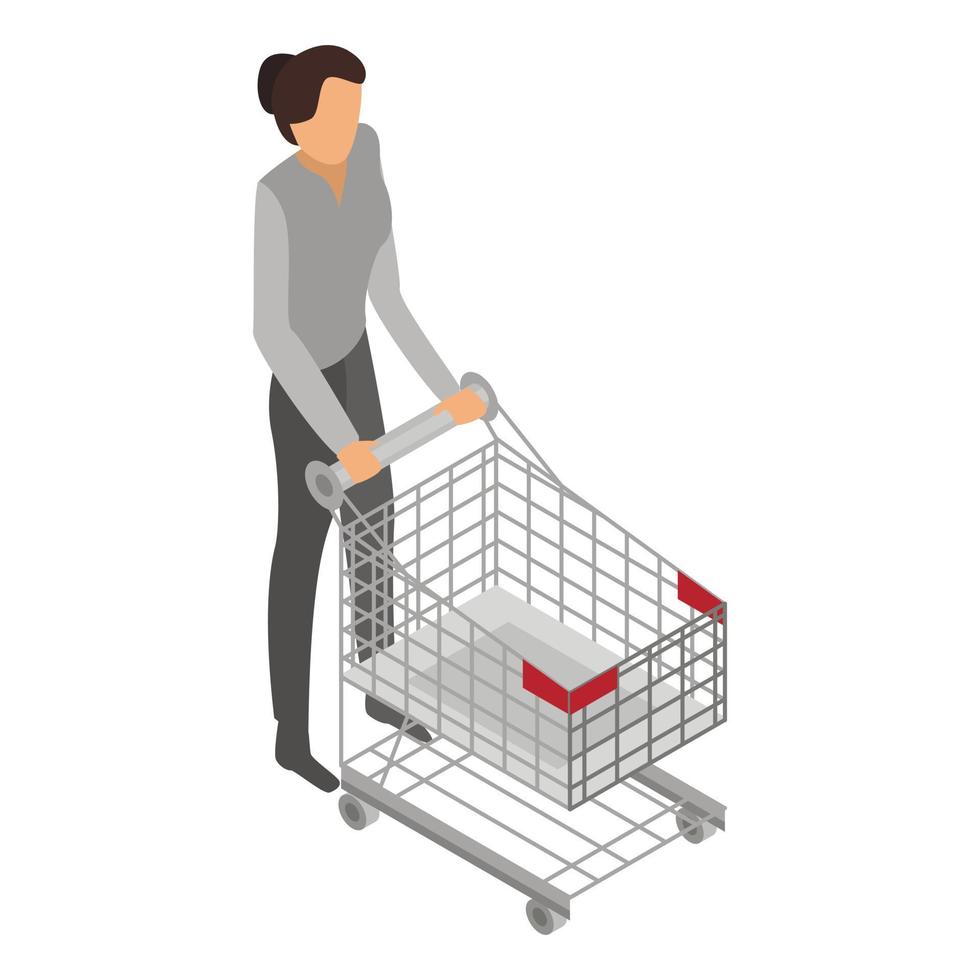 mulher com ícone de carrinho de compras, estilo isométrico vetor