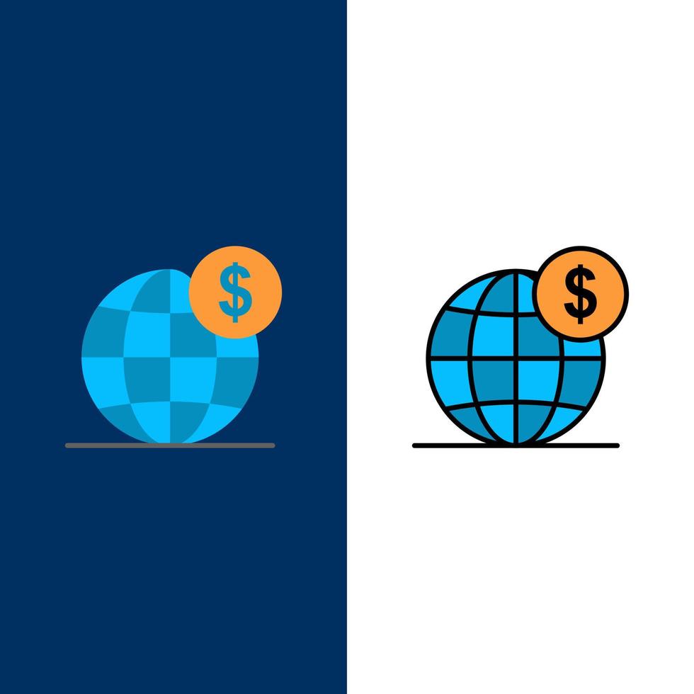 dólar, globo de negócios globais, ícones internacionais, plano e linha, conjunto de ícones, vetor, fundo azul vetor