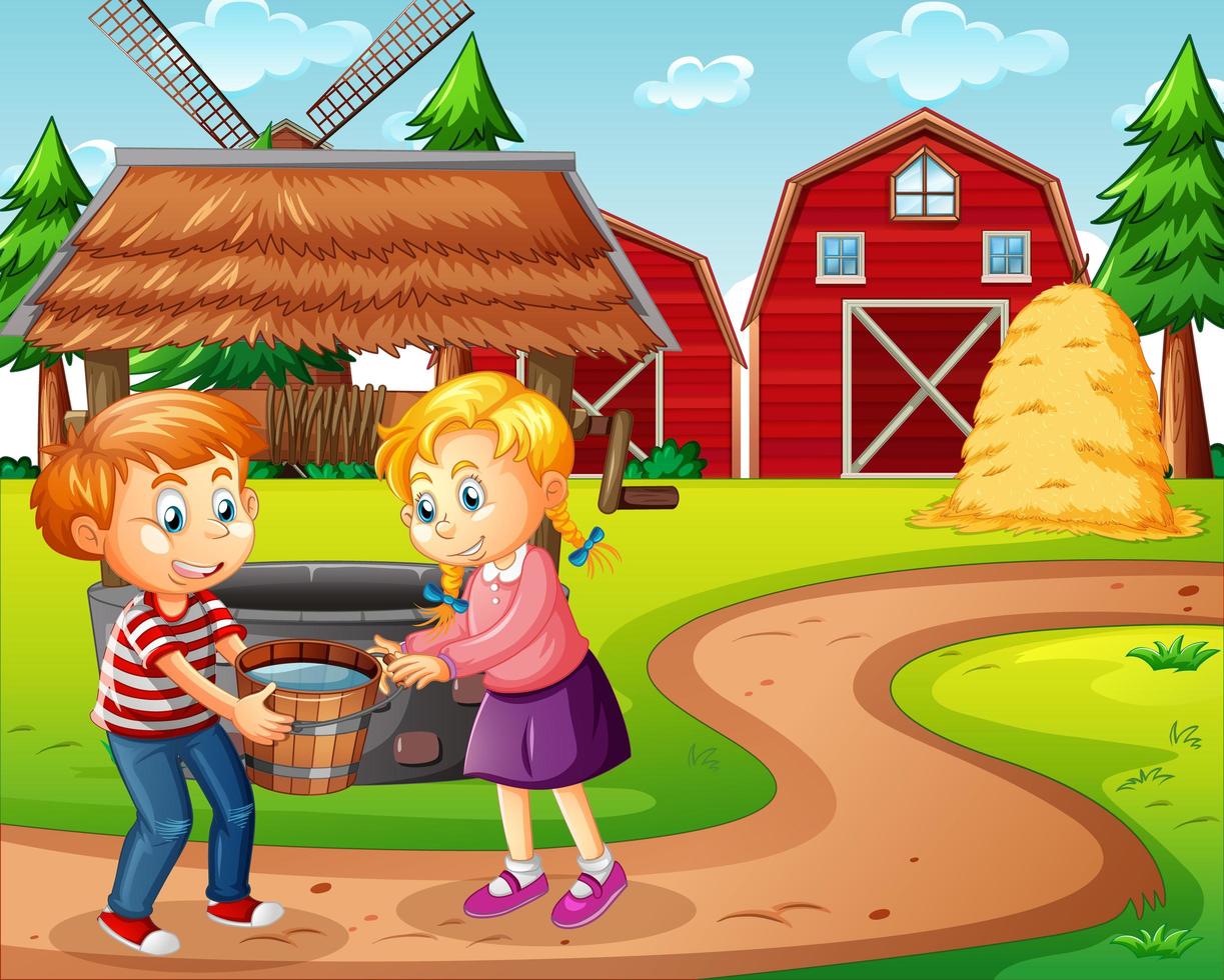 fazenda com celeiro vermelho e cena do moinho de vento vetor