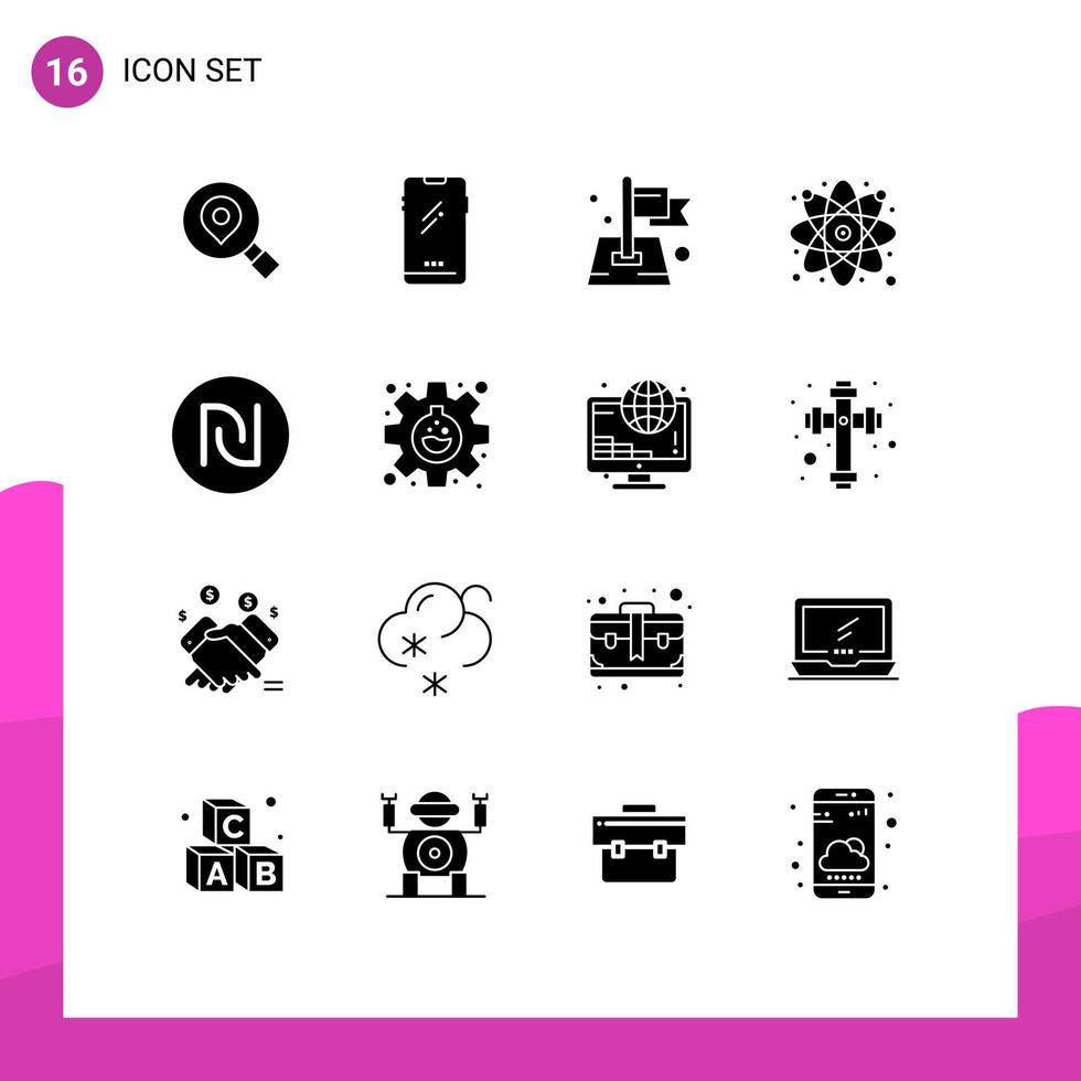 conjunto de pictogramas de 16 glifos sólidos simples de ciência átomo iphone pesquisa alvo elementos de design de vetores editáveis