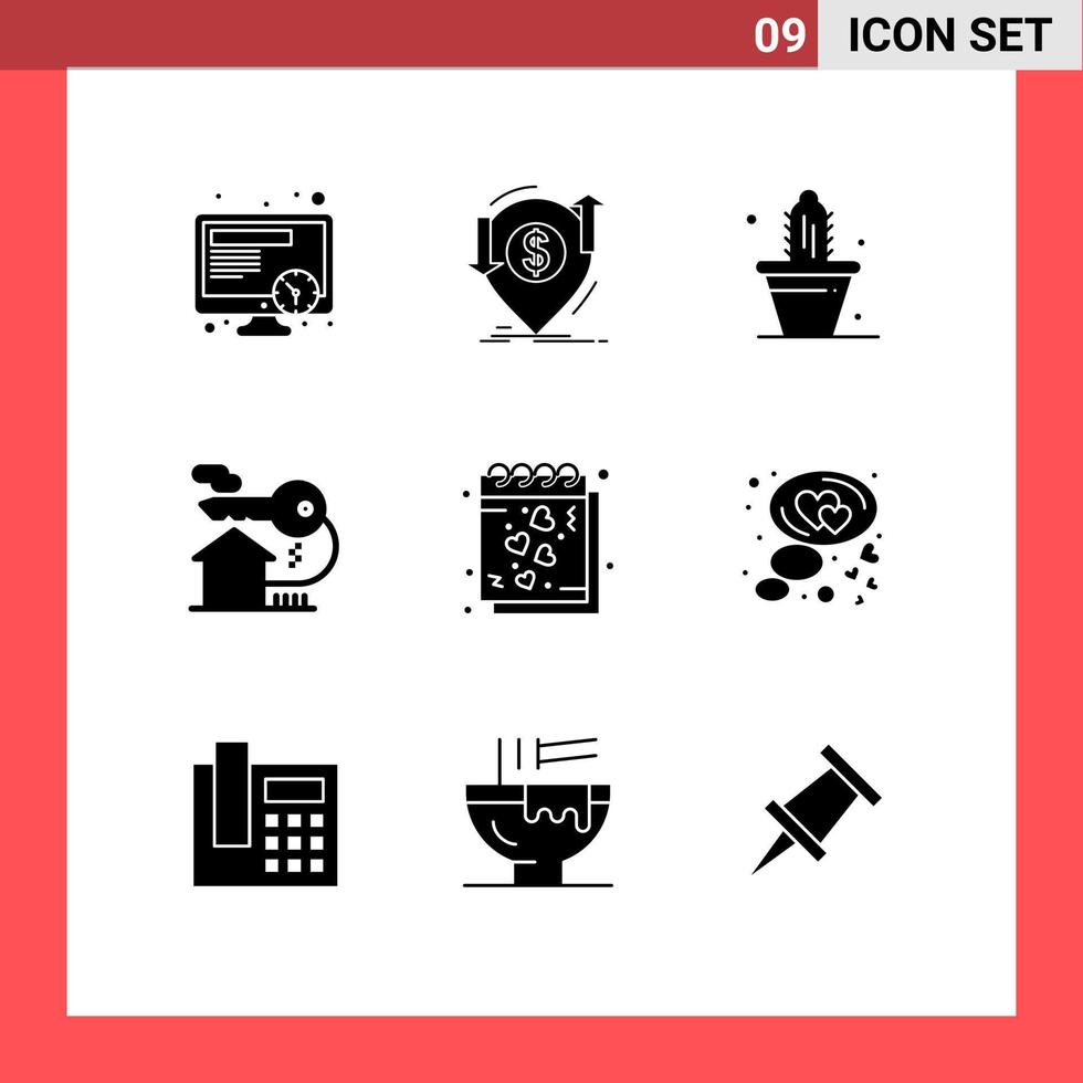 grupo de símbolos de ícone universal de 9 glifos sólidos modernos de chave de coração cactos imobiliários elementos de design de vetores editáveis em casa