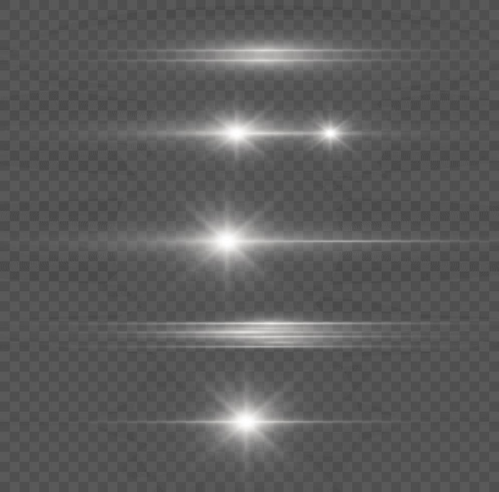 feixes de luz horizontais. belos reflexos de luz. listras brilhantes sobre um fundo claro. fundo espumante abstrato brilhante. conjunto de destaques horizontais brancos. raios laser. faísca e estrelas. vetor