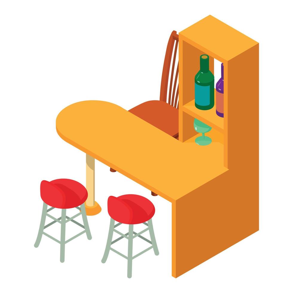 vetor isométrico de ícone de móveis de cozinha. longa mesa de madeira e duas cadeiras altas