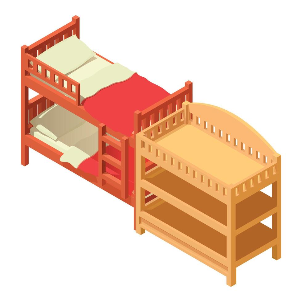 vetor isométrico do ícone da mobília das crianças. cama de dois andares e trocador de madeira