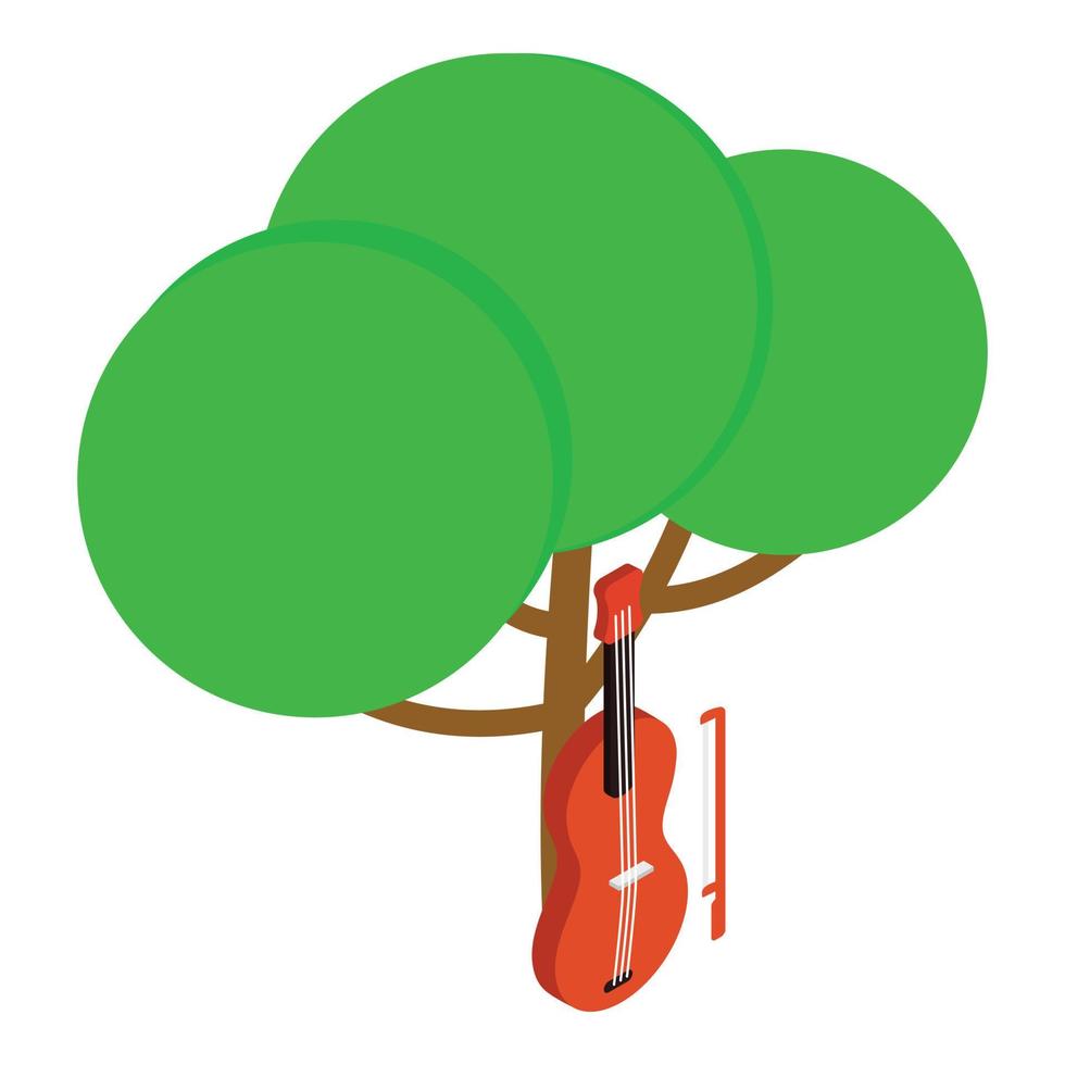 vetor isométrico do ícone do conceito musical. violino de madeira com arco sob a árvore verde