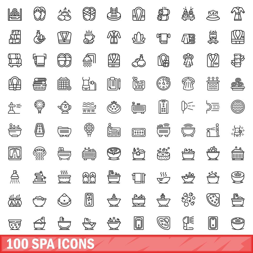 conjunto de 100 ícones de spa, estilo de contorno vetor