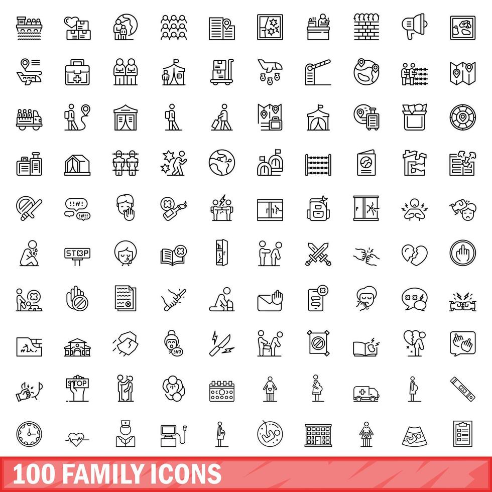 conjunto de 100 ícones de família, estilo de contorno vetor