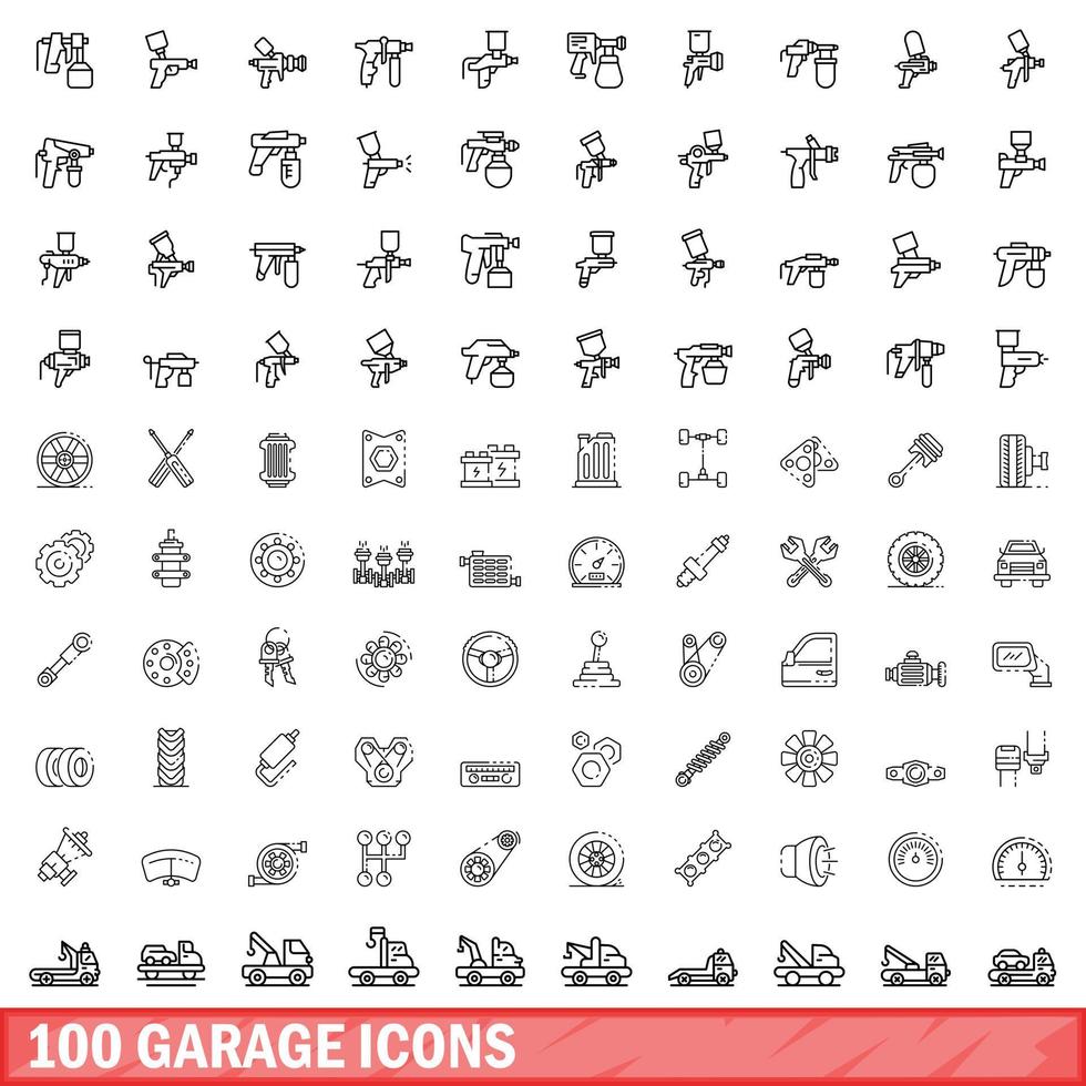 Conjunto de 100 ícones de garagem, estilo de contorno vetor