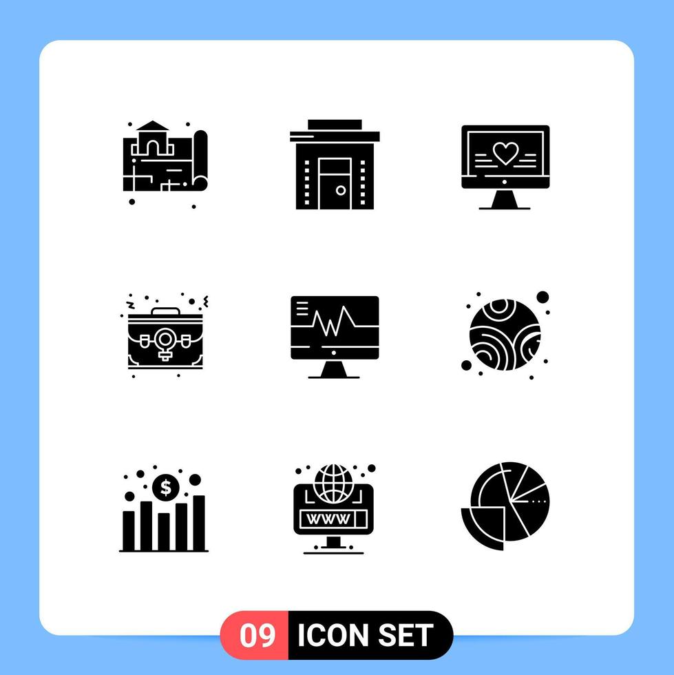 conjunto moderno de pictograma de 9 glifos sólidos de carteira de loja de funcionários, elementos de design de vetores editáveis de casamento