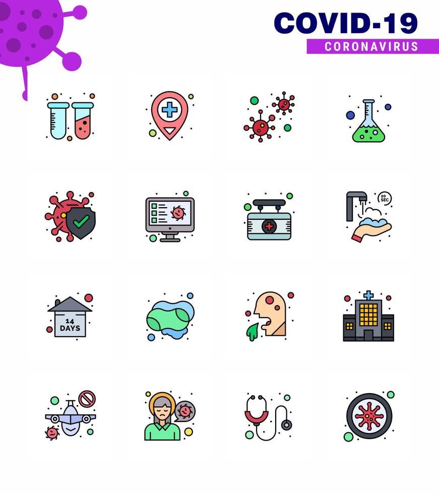 conjunto de ícones de linha cheia de cores planas de 16 cores planas, como teste de doença, frasco de ciência de coronavírus, coronavírus viral, elementos de design de vetor de doença de 2019nov