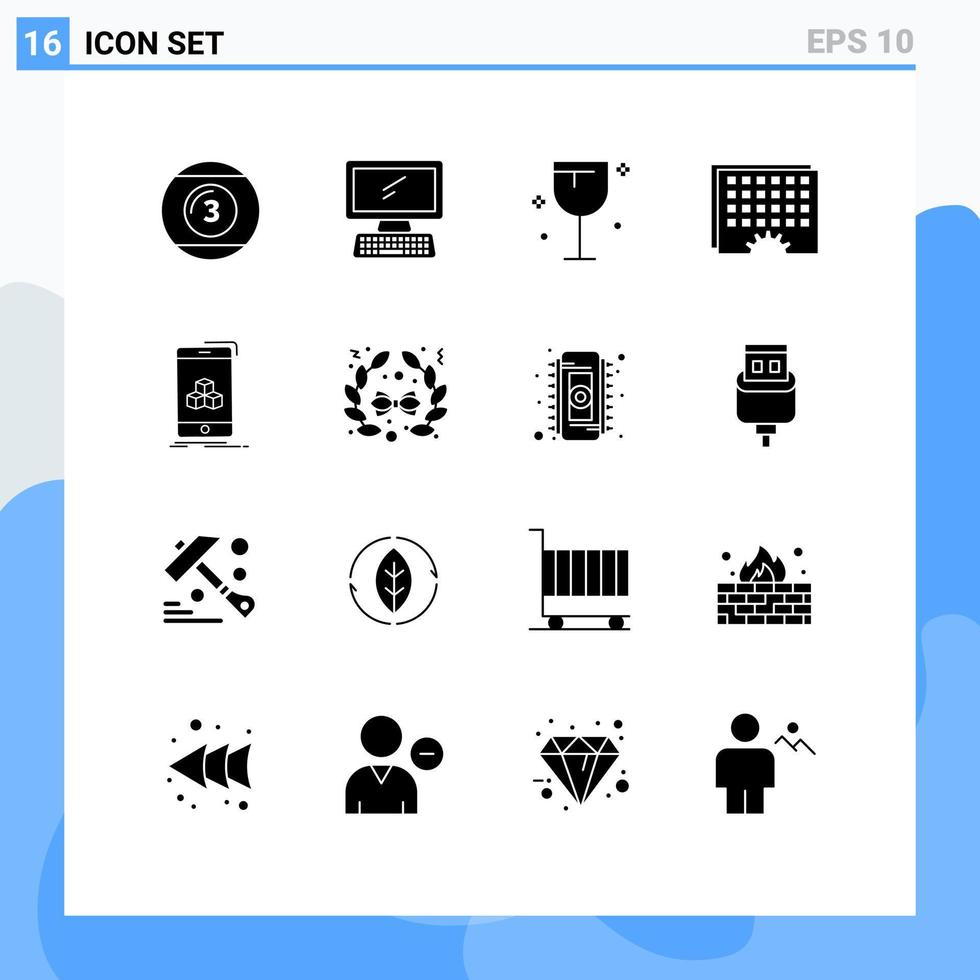 16 glifos sólidos universais definidos para aplicativos da web e móveis gerenciamento de programação teclado evento vidro elementos de design de vetores editáveis