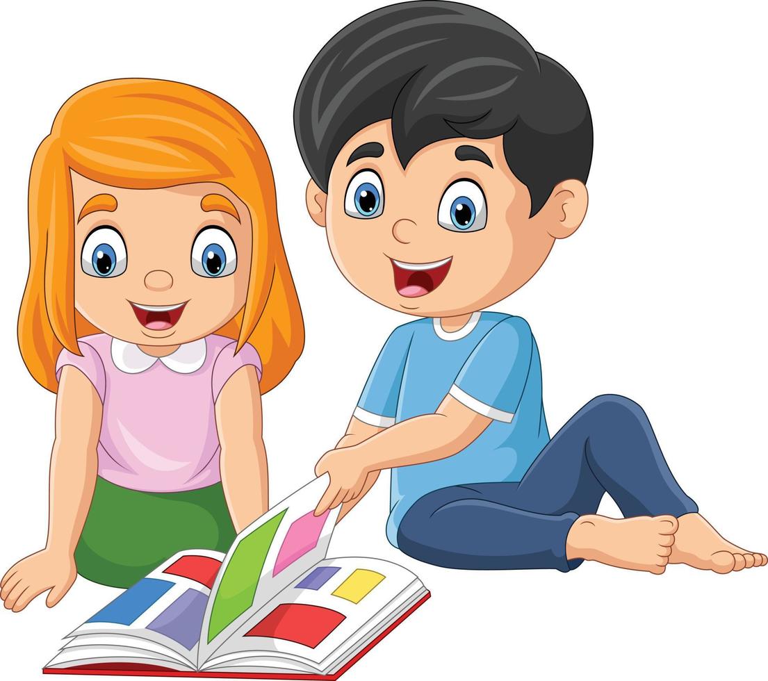 crianças felizes dos desenhos animados, lendo um livro vetor