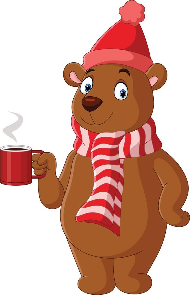 urso dos desenhos animados usando cachecol e chapéu segurando café quente vetor