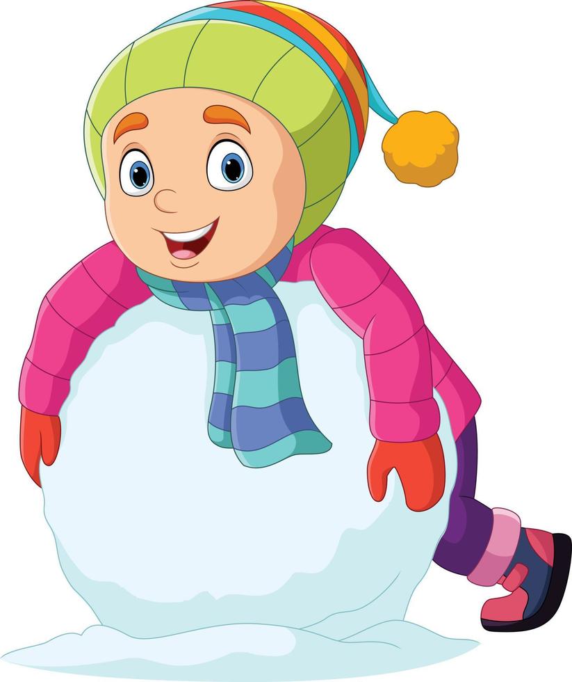 menino dos desenhos animados em roupas de inverno com grande bola de neve vetor