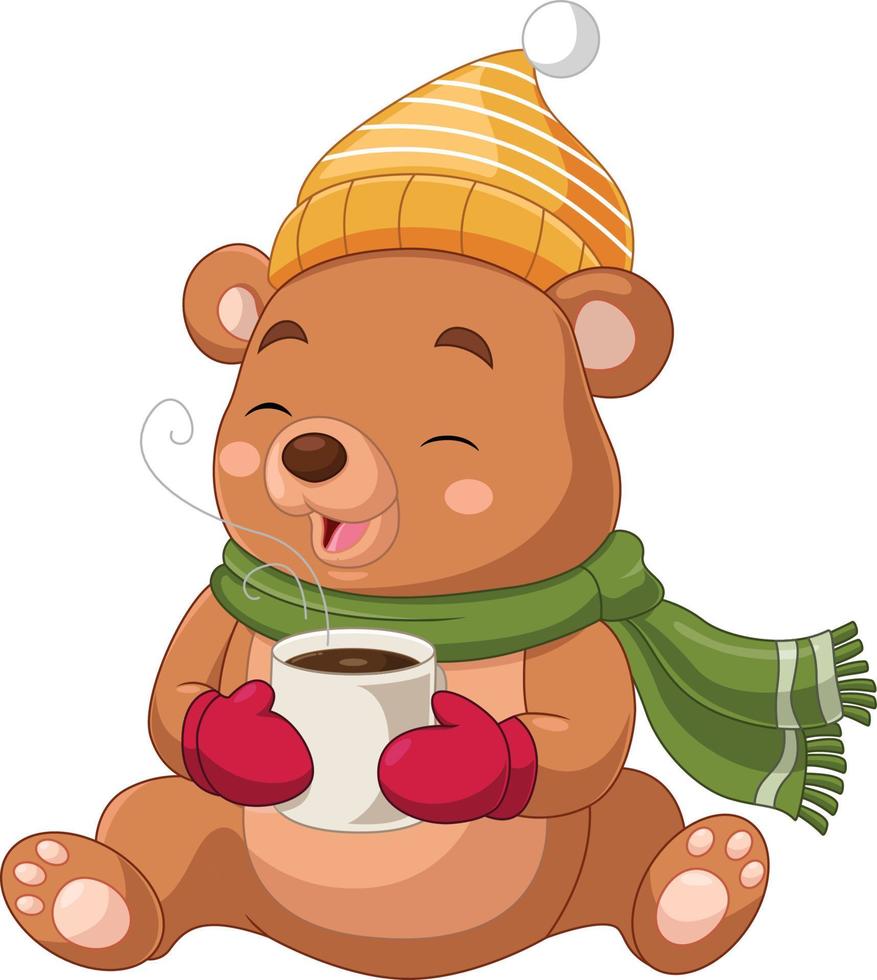 desenho de urso fofo usando cachecol e chapéu com café quente vetor