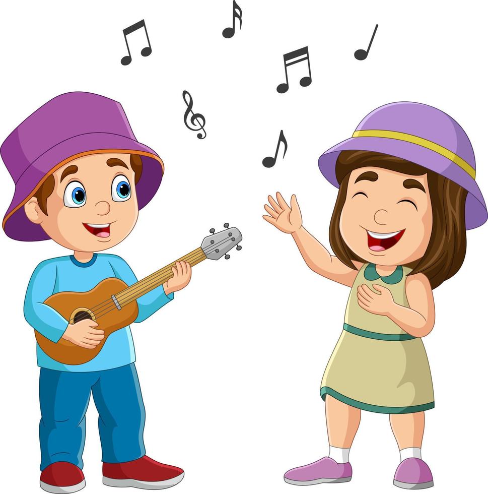 menino dos desenhos animados tocando violão e menina cantando vetor