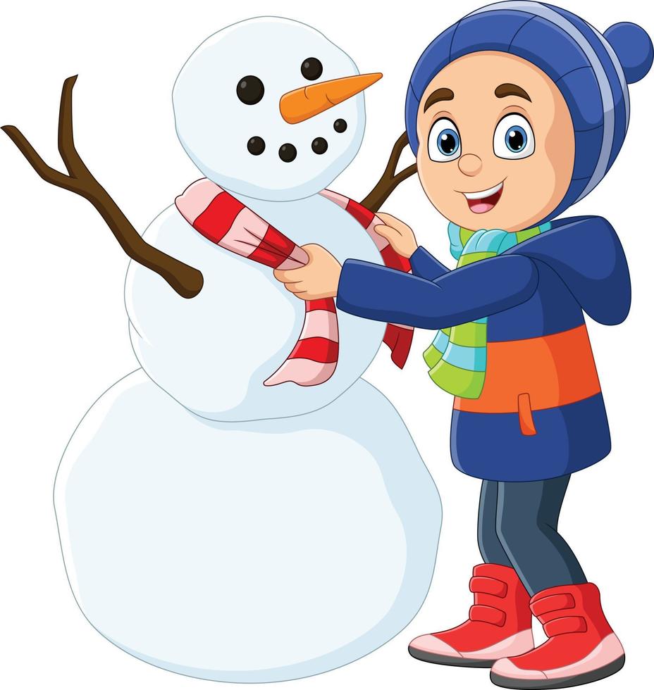 menino dos desenhos animados com um boneco de neve vetor