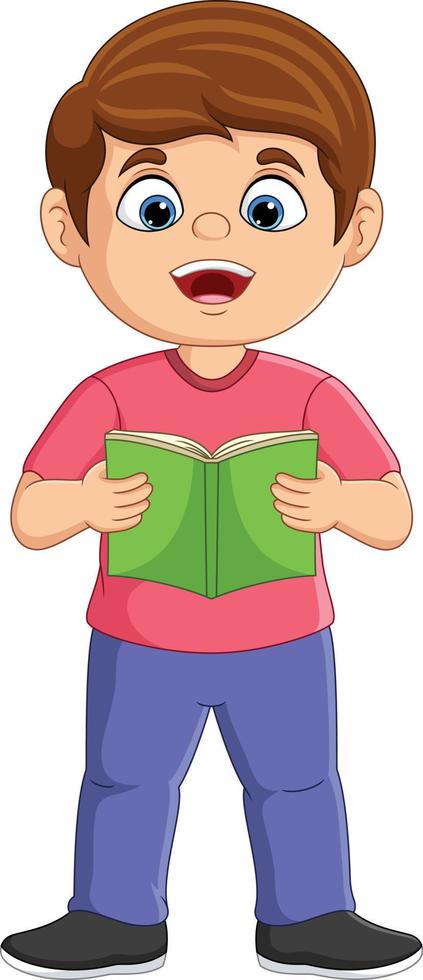 garotinho dos desenhos animados em pé e ler um livro vetor