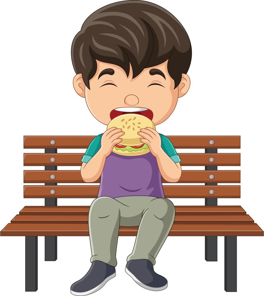 garotinho dos desenhos animados comendo hambúrguer no banco vetor