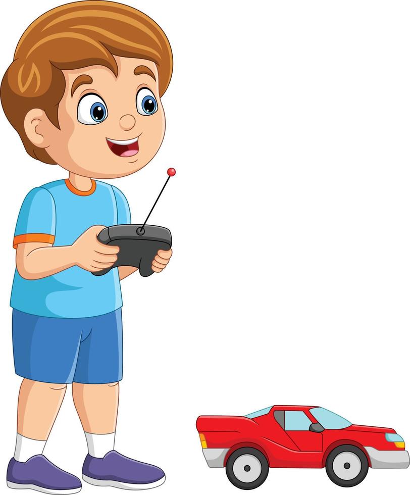 garotinho dos desenhos animados brincando com um carro de controle remoto vetor