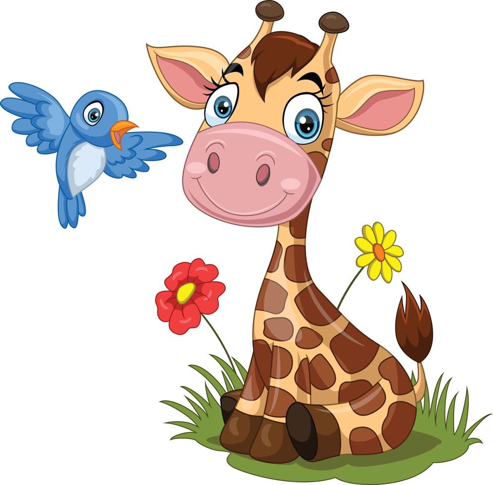girafa pequena dos desenhos animados com pássaro azul na grama vetor