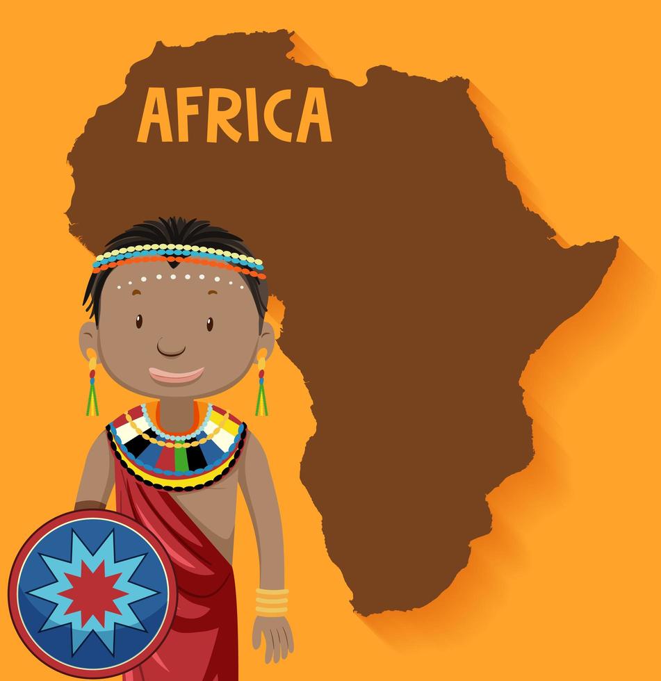 personagem da tribo africana com mapa da áfrica vetor