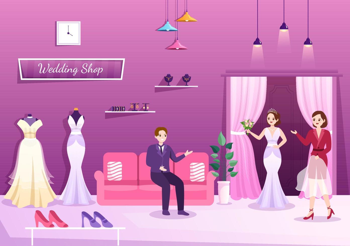 loja de casamento com joias, lindos vestidos de noiva e acessórios adequados para pôster em desenho animado plano ilustração de modelo desenhado à mão vetor
