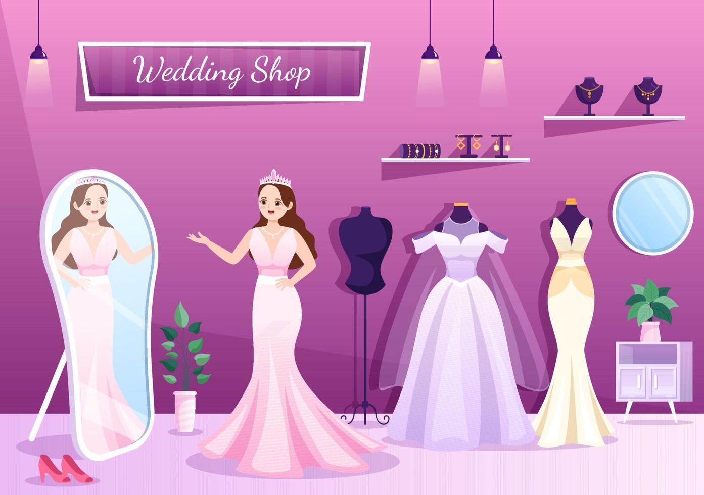 loja de casamento com joias, lindos vestidos de noiva e acessórios adequados para pôster em desenho animado plano ilustração de modelo desenhado à mão vetor