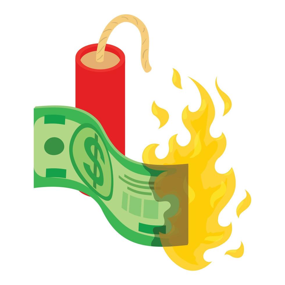 vetor isométrico do ícone do conceito de falência. Nota de dólar em chamas e dinamite