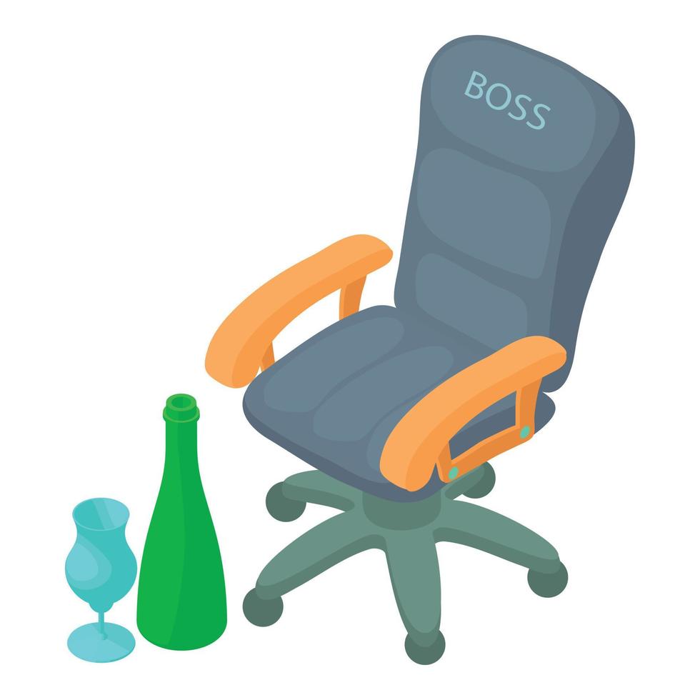 vetor isométrico de ícone de relaxamento de trabalho. cadeira do chefe garrafa de álcool copo de vinho