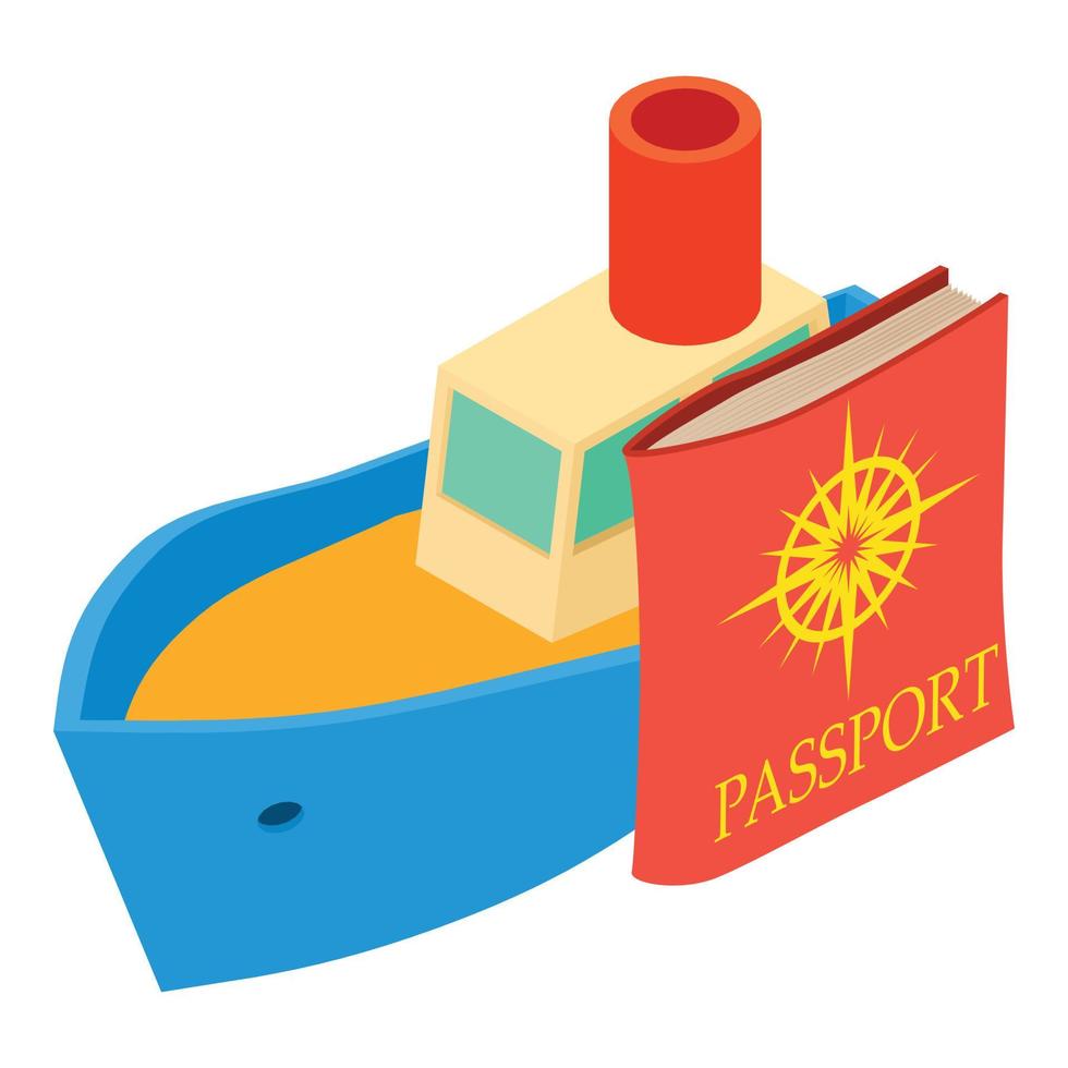 vetor isométrico do ícone de viagens marítimas. navio de passageiros e passaporte no ícone de capa vermelha