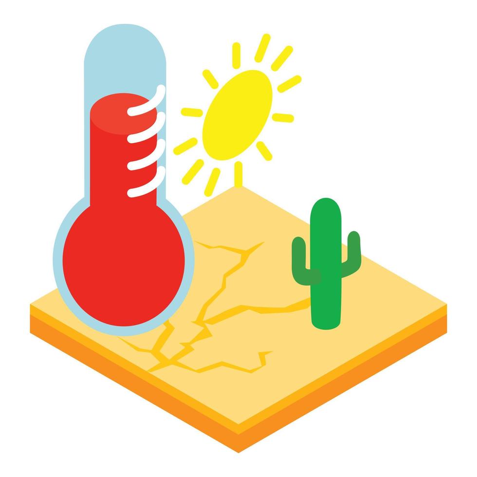 vetor isométrico de ícone de seca. solo seco sob sol escaldante termômetro vermelho quente