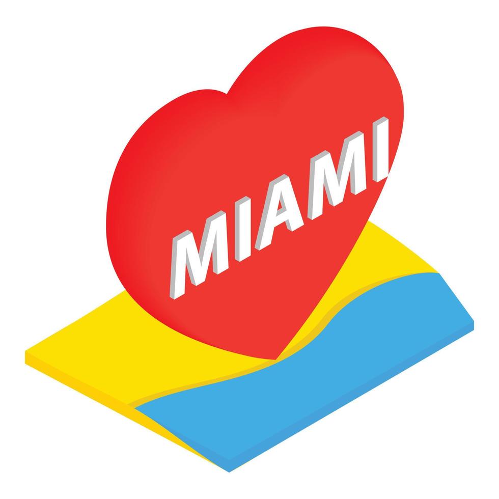 amo o vetor isométrico do ícone de miami. ícone de coração vermelho e letras miami na costa