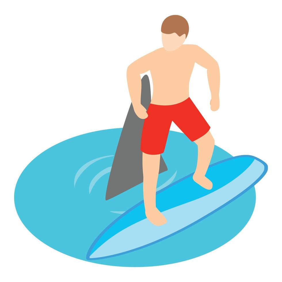 vetor isométrico do ícone do esporte radical. menino surfista encontro próximo com ícone de tubarão