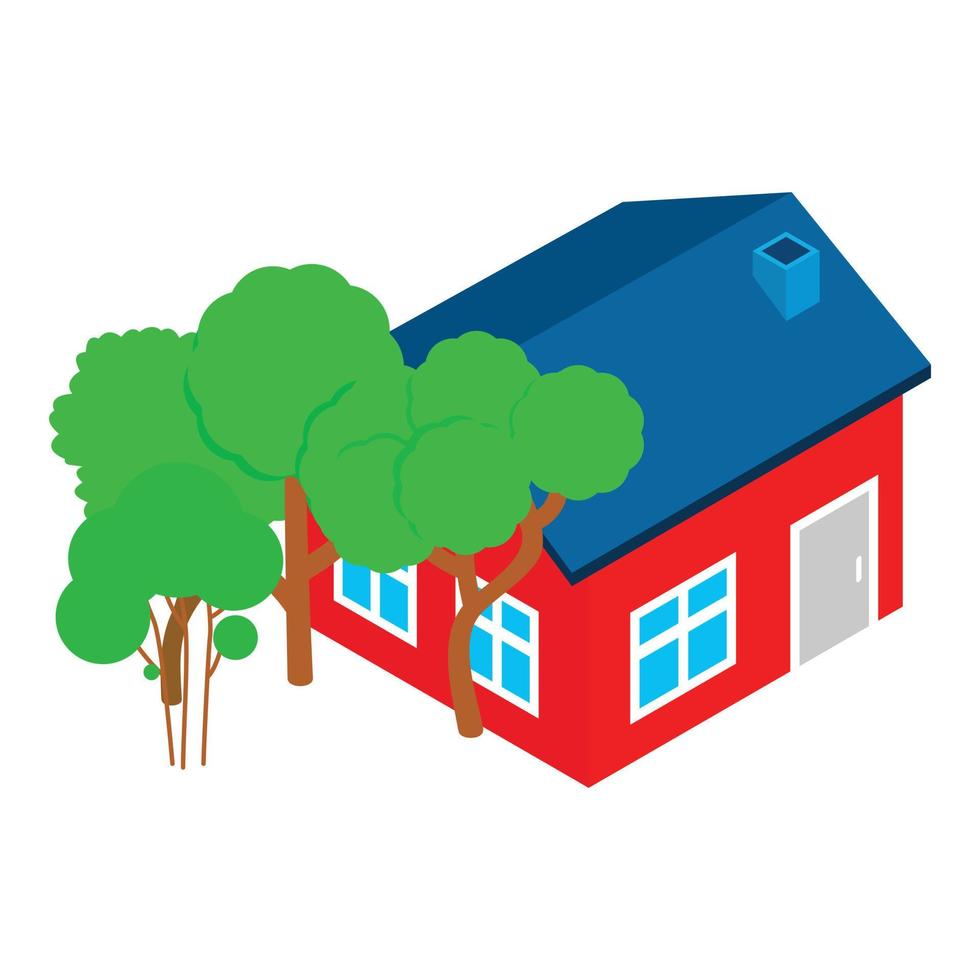vetor isométrico do ícone da casa vermelha. edifício de um andar e árvore verde de folha caduca