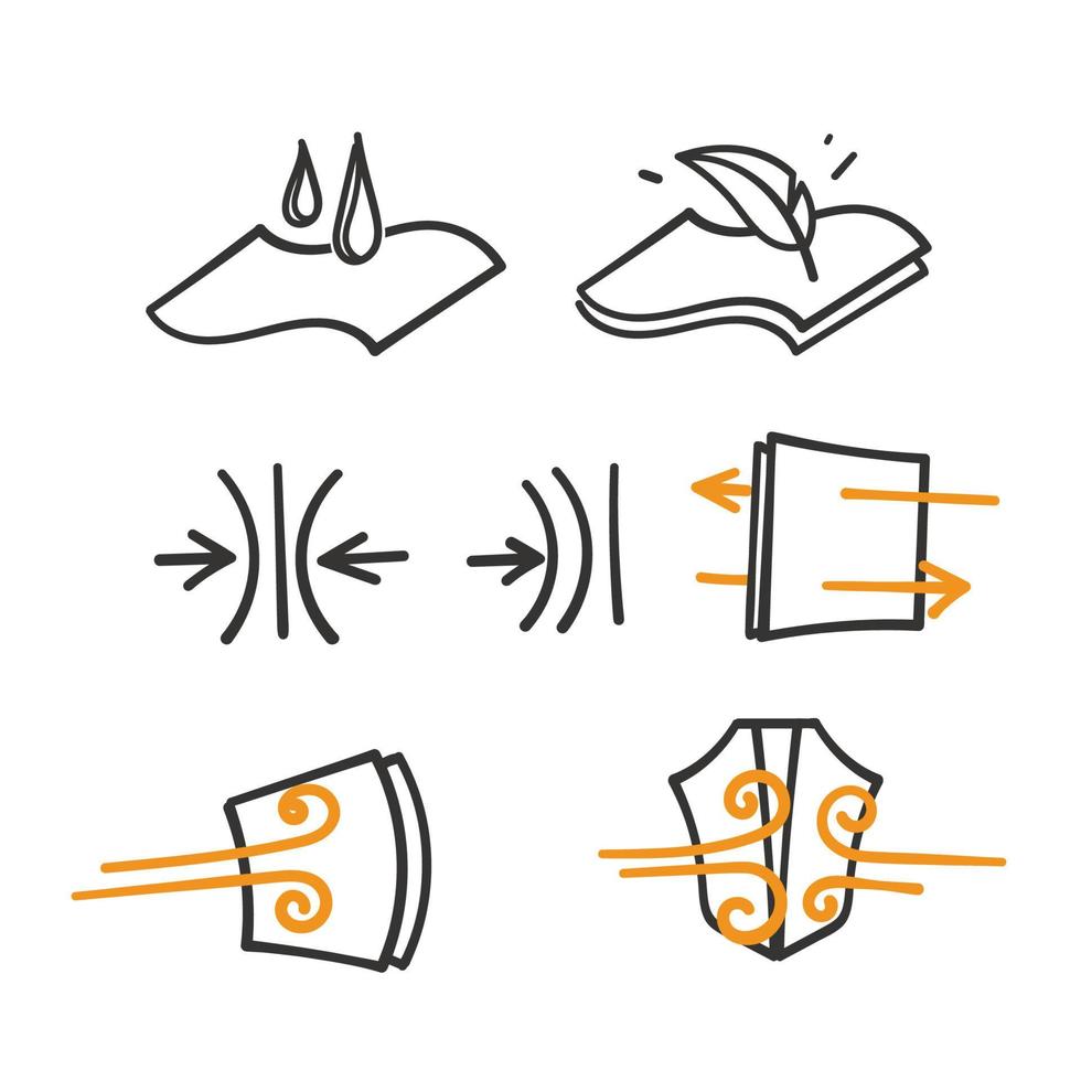 conjunto simples de rabiscos desenhados à mão de ilustração de símbolo de propriedades de tecido vetor