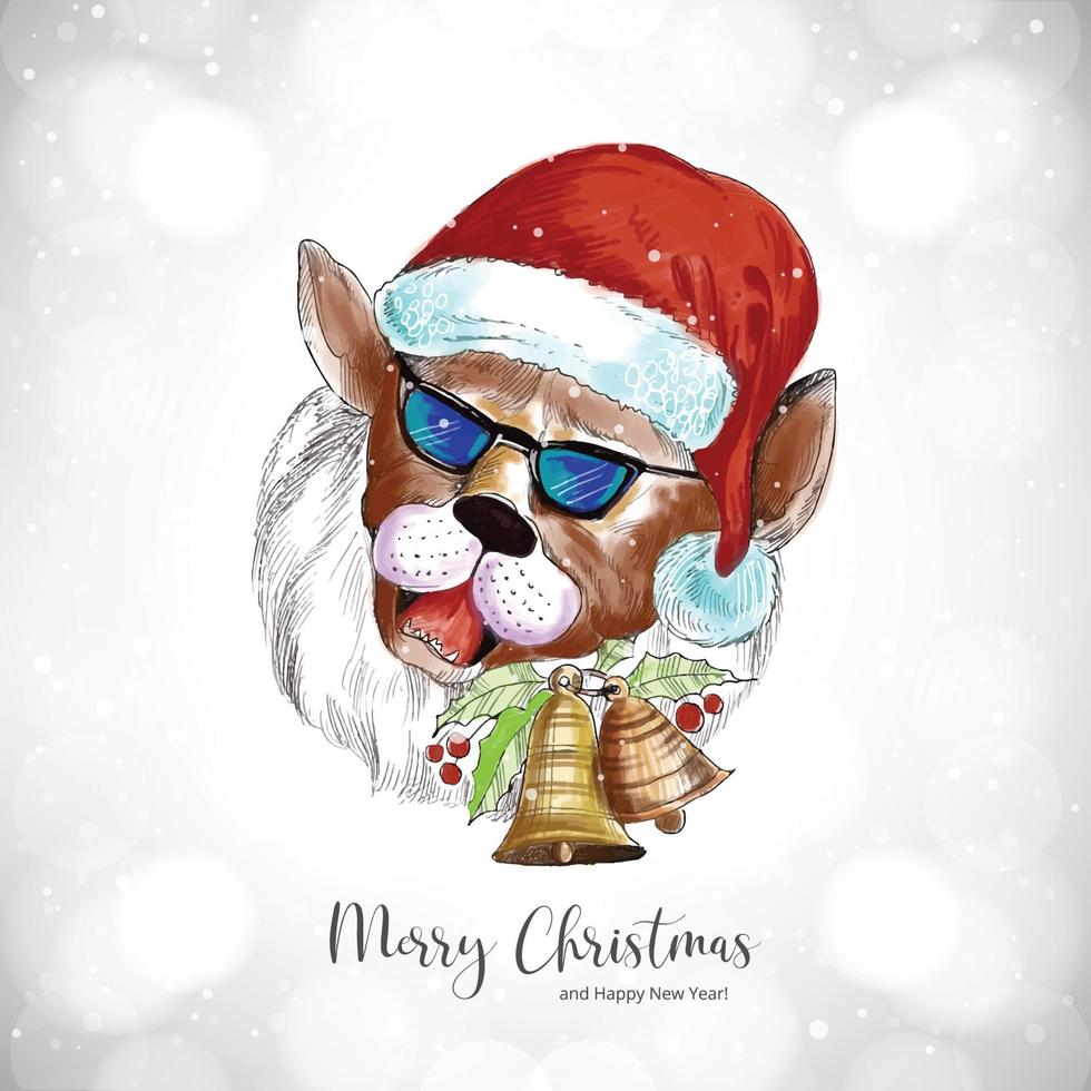 mão desenha rosto de cachorro colorido de natal com gorro de papai noel em fundo branco vetor