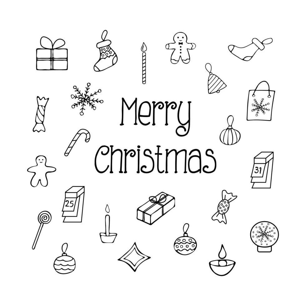 adesivos de natal no estilo doodle vetor preto e branco