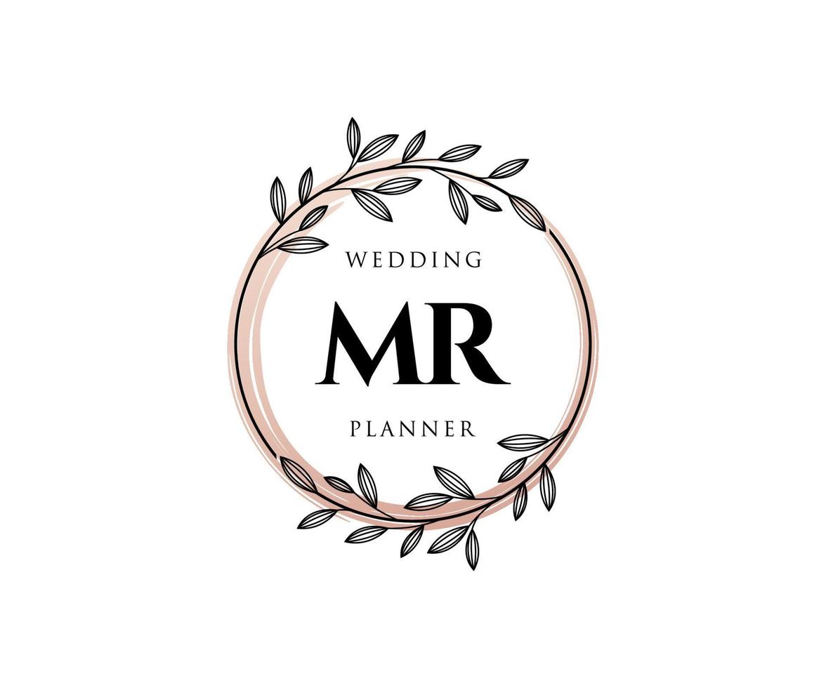 coleção de logotipos de monograma de casamento de carta de iniciais mr, modelos modernos minimalistas e florais desenhados à mão para cartões de convite, salve a data, identidade elegante para restaurante, boutique, café em vetor